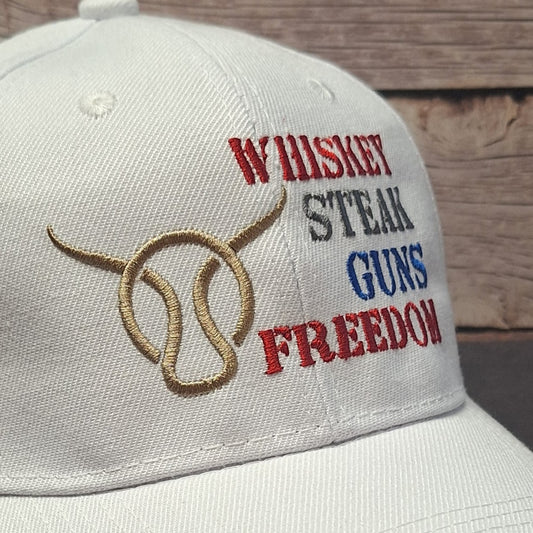 Whiskey Steak Guns Freedom Embroidered Hat – Country Lifestyle Patriotic Trucker Cap / Flexfit Snapback