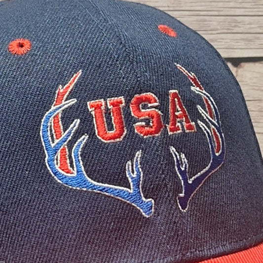 USA Deer Antler Patriotic Embroidered Hat – Red White & Blue Country Trucker Cap / Flexfit Snapback