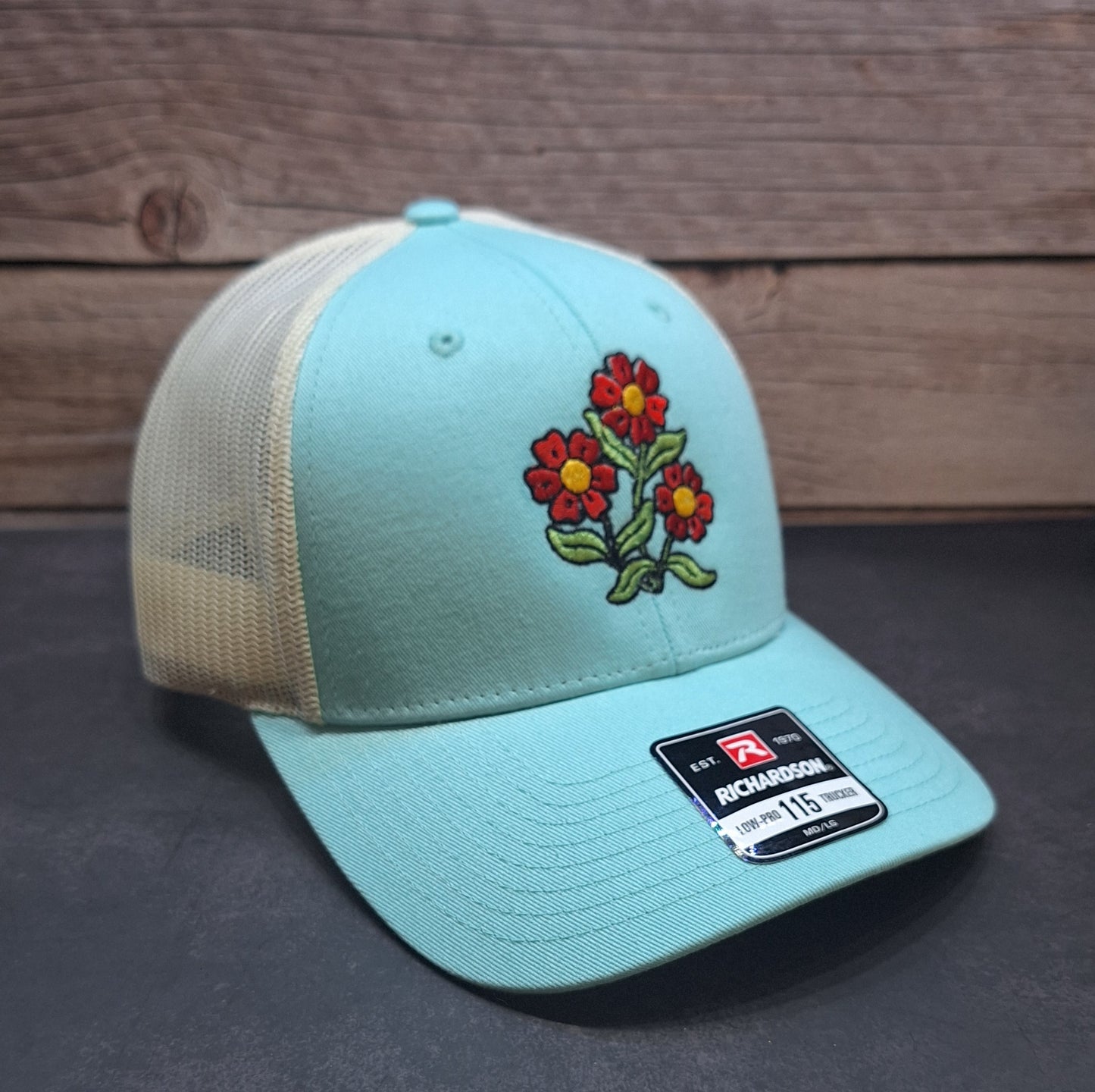 Red Cosmos Flower Embroidered Caps (Build Your Own)