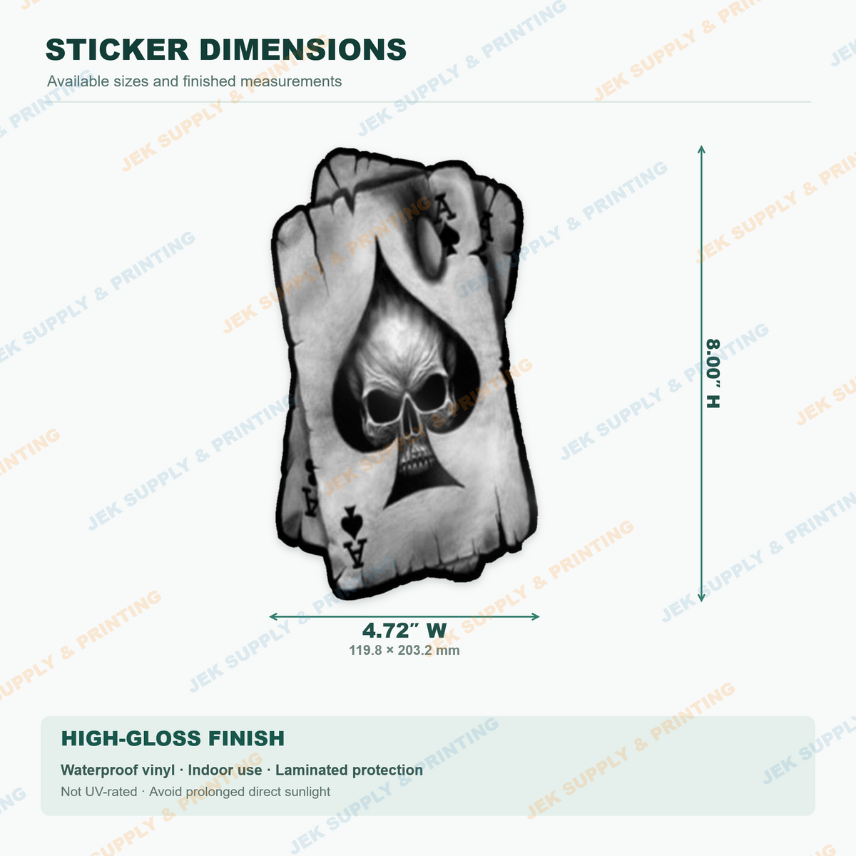 Ace of Spades Skull vinyl decal, 8 inch height dimension guide