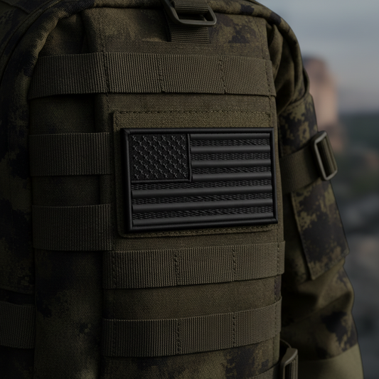 Camouflage backpack with tactical blackout American flag patch.