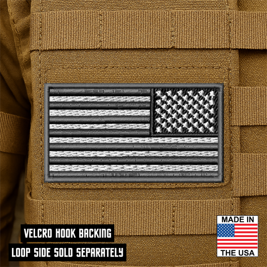American flag patch on a brown background with text about Velcro hook backing.