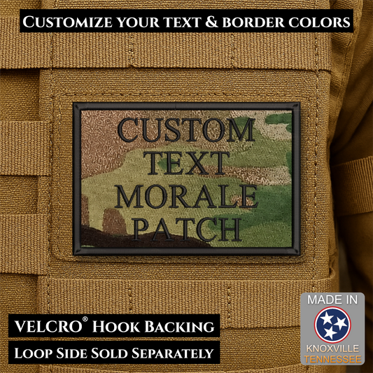 Custom embroidered morale patch with personalized text and customizable thread, border, and background color options