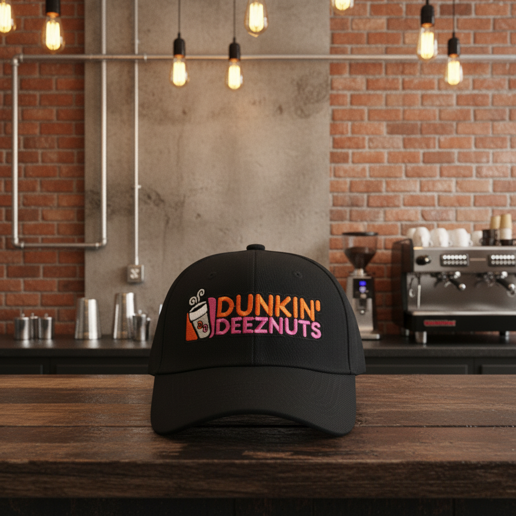 Black cap with 'Dunkin' Deeznuts' text on a wooden counter in a coffee shop setting.