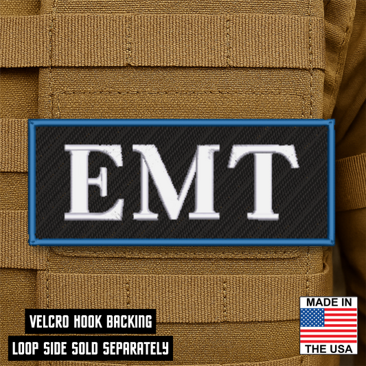 EMT patch on a brown tactical vest with text about velcro hook backing.