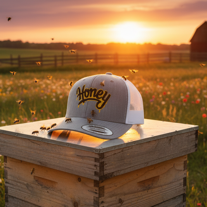 Honey beekeeper's cap on a beehive in a field with a sunset in the background