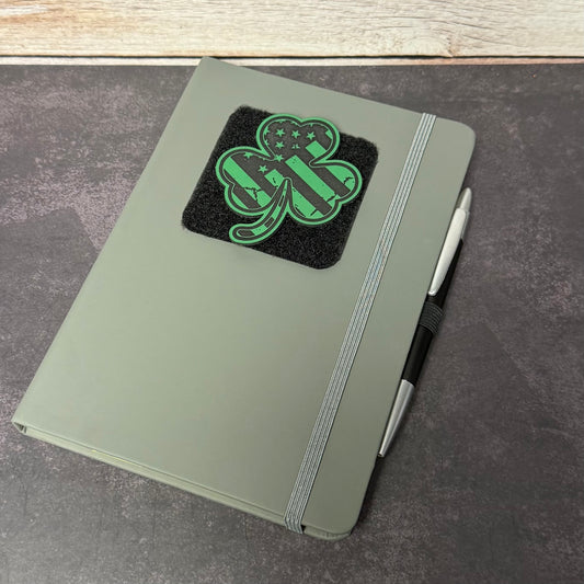 Morale patch ready A5 notebook, alternate product view of synthetic leather cover