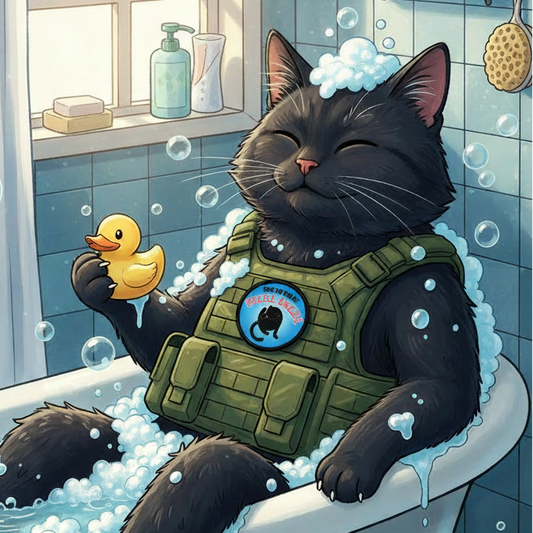 Cat in a tactical vest with a duck toy in a bubble bath
