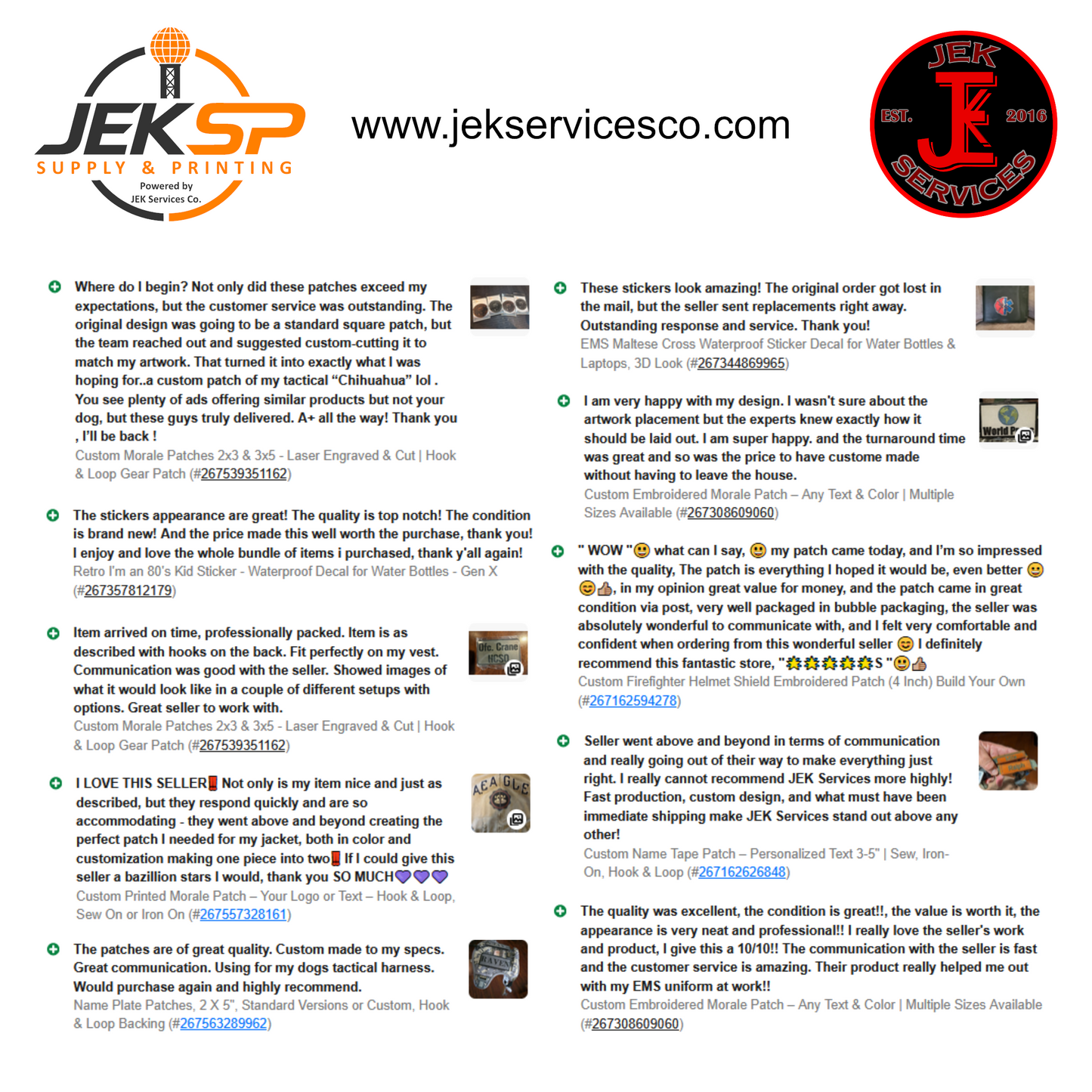 Website page with Jek Services branding and product images