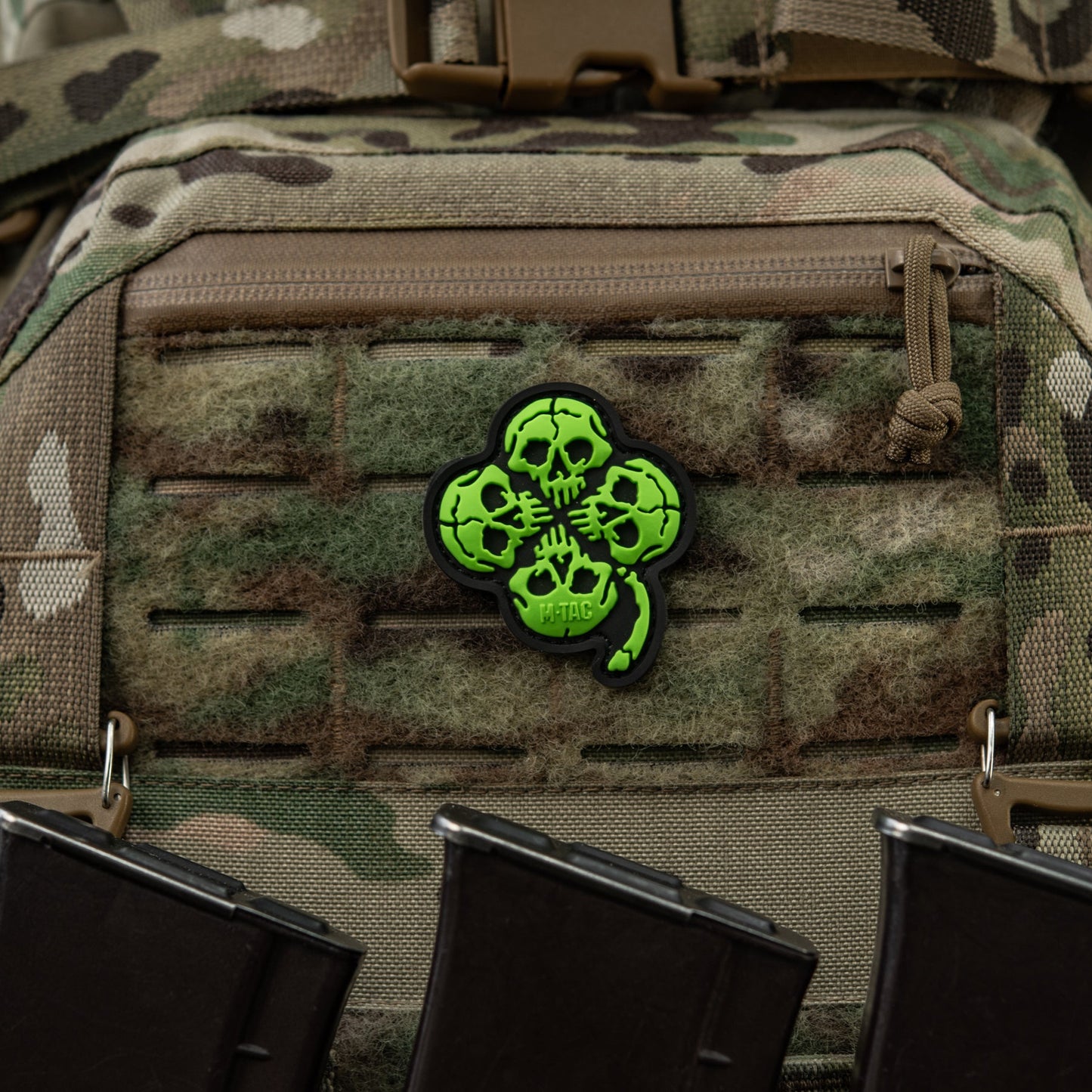 Lucky Skull Shamrock PVC Morale Patch – M-Tac Tactical Hook & Loop Clover Patch for Backpack, Plate Carrier & EDC Gear