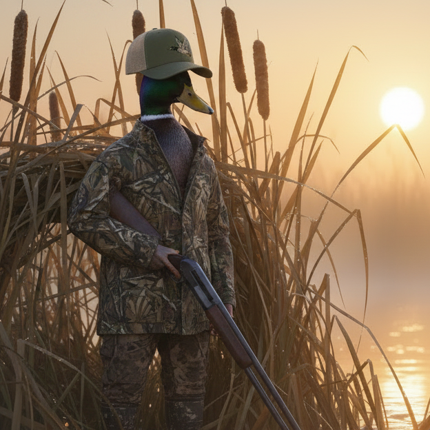 Person in camouflage wading through water with a shotgun at sunset