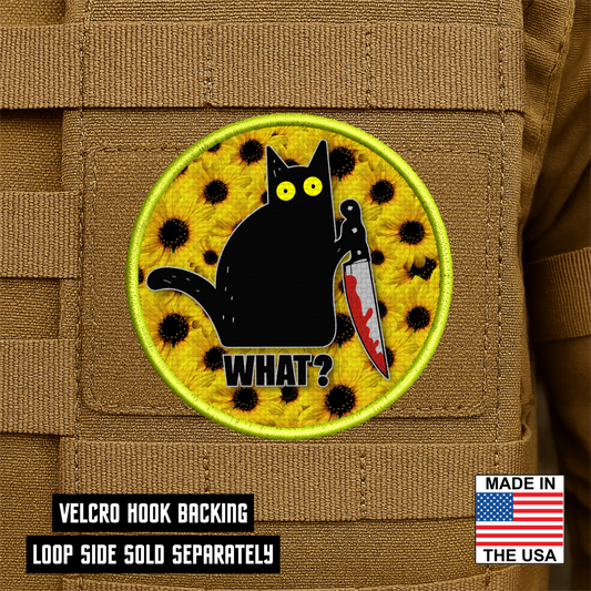 Murder Cat & Sunflowers Funny Morale Patch, 3" Round | Made in USA | VELCRO® Brand Hook Backing