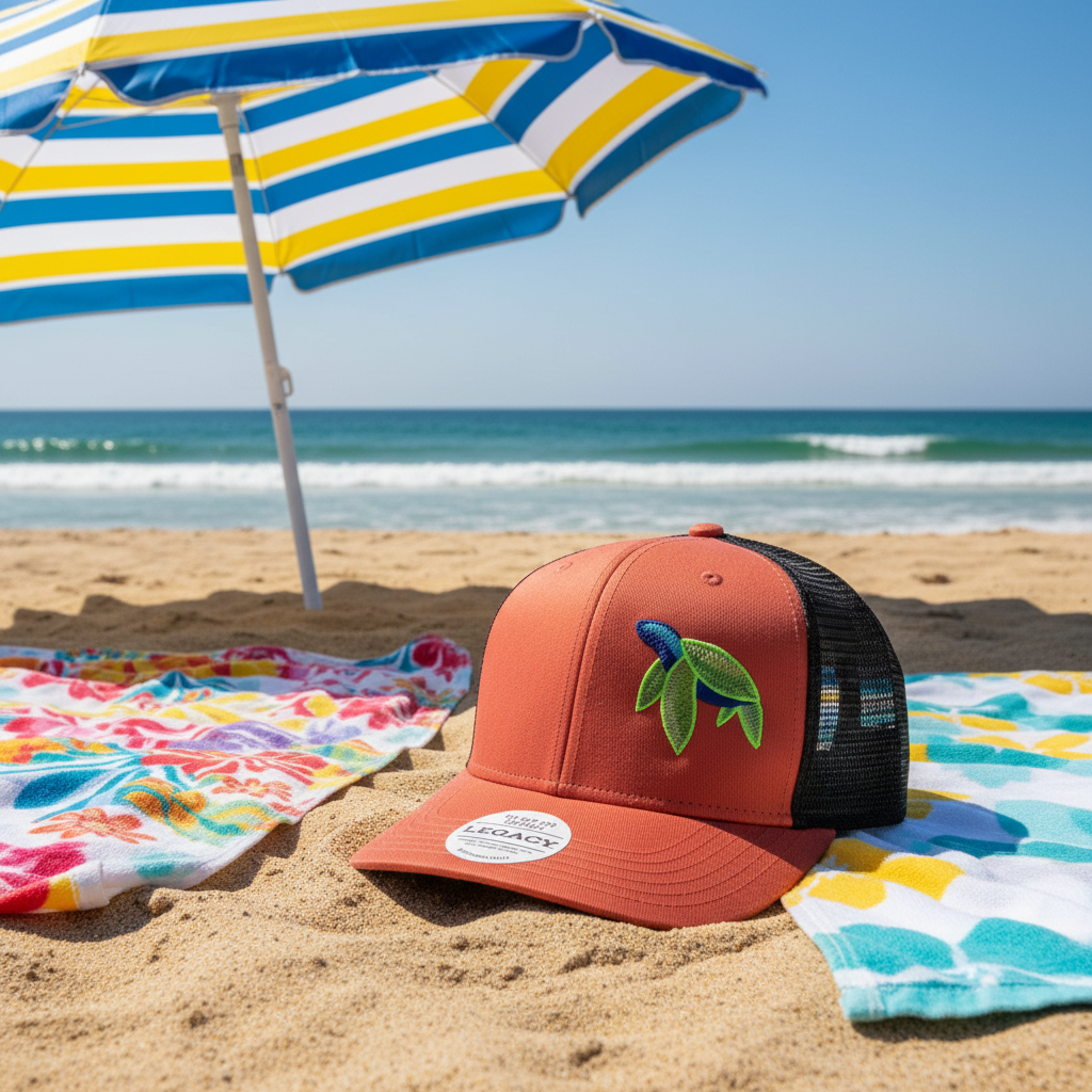 Red cap with a turtle design on a sandy beach with a striped umbrella and towels.