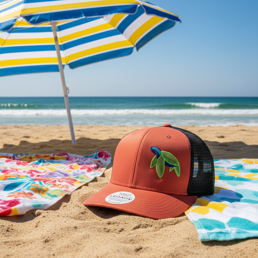 Red cap with a turtle design on a sandy beach with a striped umbrella and towels.