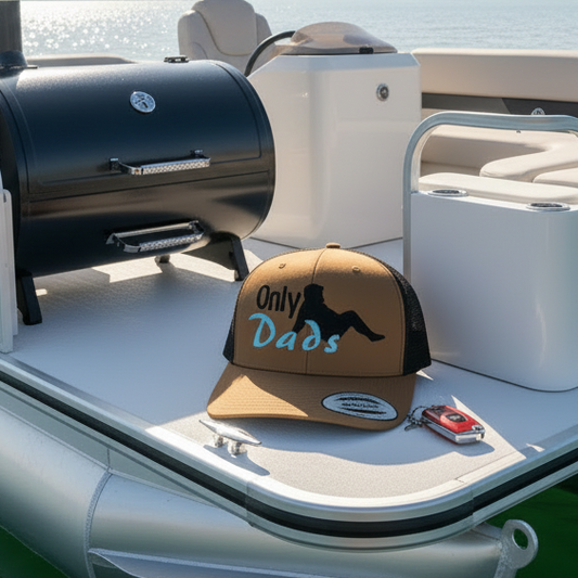Pontoon boat on a body of water with a cap on the seat.