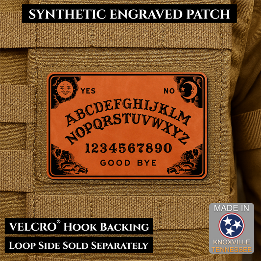 Orange laser engraved Ouija Board morale patch with vintage spirit board artwork and celestial accents