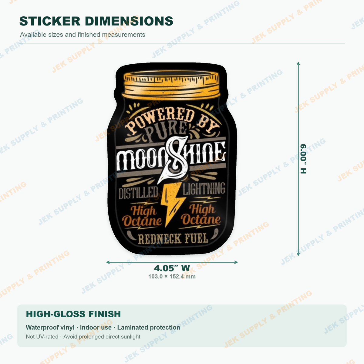 Powered by Moonshine vintage mason jar and golden lightning bolt sticker 6 inch height dimensions