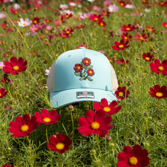 Light blue cap with floral design in a field of red flowers