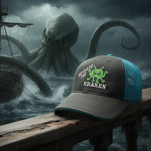 Cap with 'Release the Kraken' text on a wooden pier with a ship and giant squid in the background.