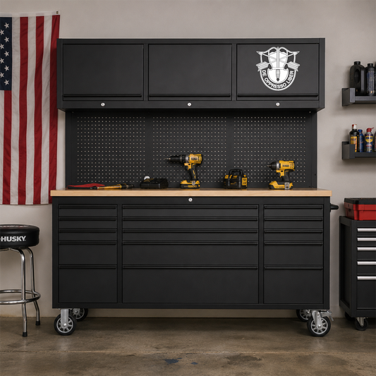 Special Forces unit crest on a black tool box in a garage.