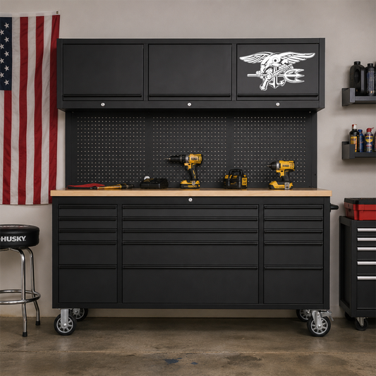 Navy SEAL Warfare Insignia on a black tool box in a garage.
