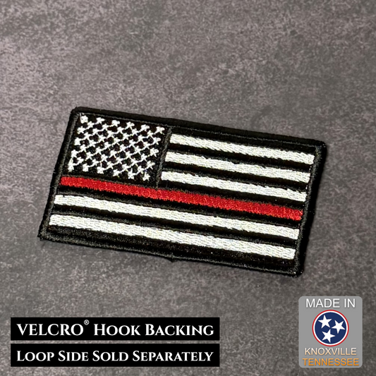 American flag patch with red and thin white line design on a gray background, featuring VELCRO hook backing information.
