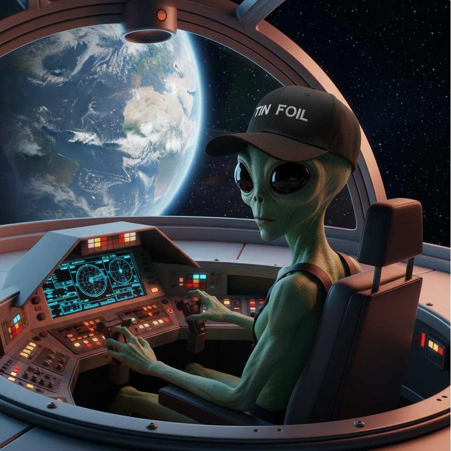 Alien in a spacecraft cockpit with Earth visible through the window