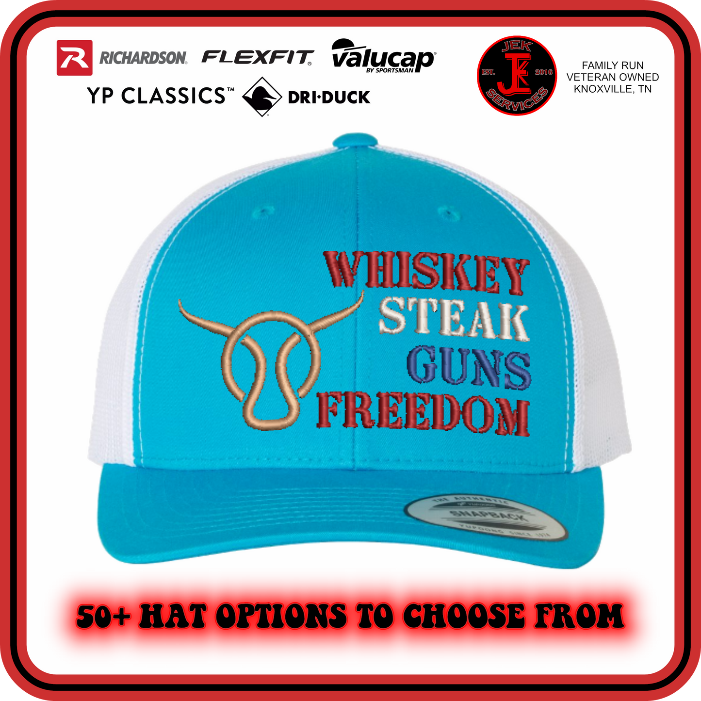 Longhorn Whiskey Steak Guns Freedom Embroidered Hats