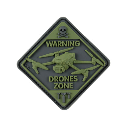 M-Tac Warning Drones Zone PVC morale patch featuring a military drone with warning text, skull emblem, and hook and loop backing.