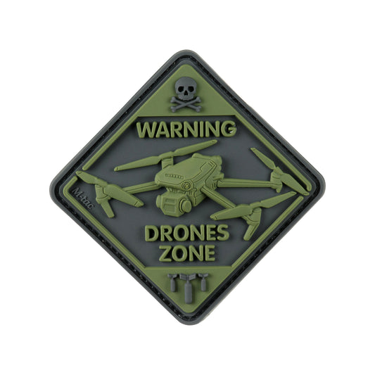 M-Tac Warning Drones Zone PVC morale patch featuring a military drone with warning text, skull emblem, and hook and loop backing.