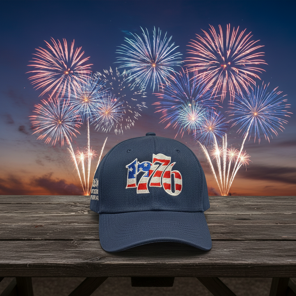 Blue cap with '1776' design on a wooden surface with fireworks in the background
