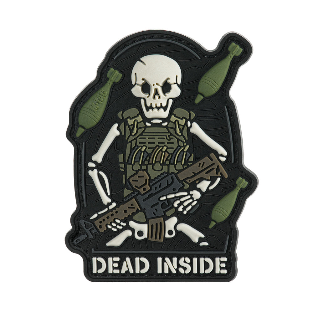 Dead Inside skeleton PVC morale patch featuring a skeletal soldier with rifle, ammunition, and olive drab tactical design with hook and loop backing.