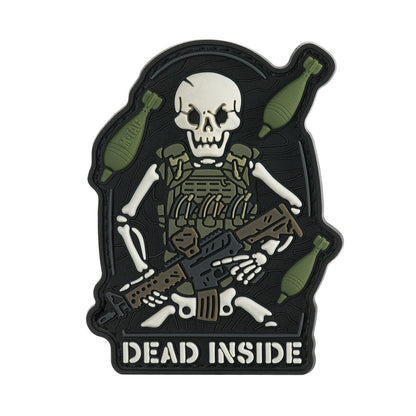 Dead Inside skeleton PVC morale patch featuring a skeletal soldier with rifle, ammunition, and olive drab tactical design with hook and loop backing.