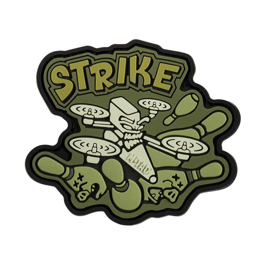 M-Tac Strike FPV drone PVC morale patch featuring an aggressive drone, gaming controllers, bombs, and hook and loop backing.