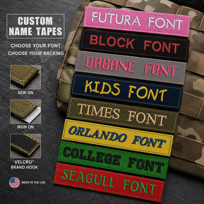 A set of nine rectangular embroidered name tapes in different colors and styles, displayed on a camouflage tactical vest. The tapes feature various font options like Futura, Block, Urbane, Kids, Times, Orlando, College, Seagull, and others.