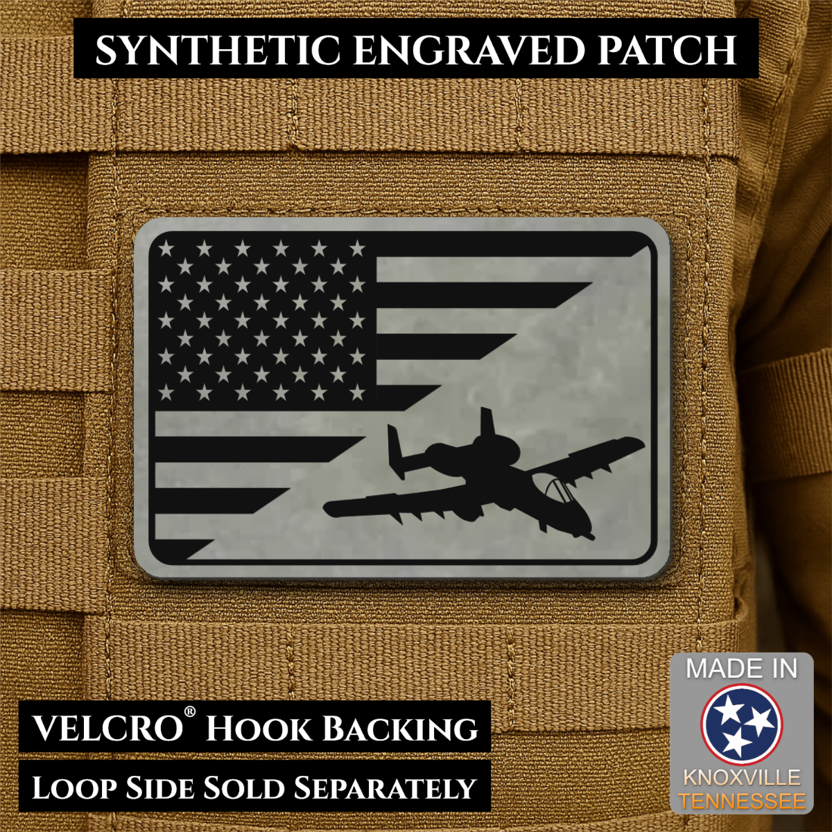 A-10 Warthog American Flag Morale Patch, 2x3" | Made in USA | VELCRO® Brand Hook Backing