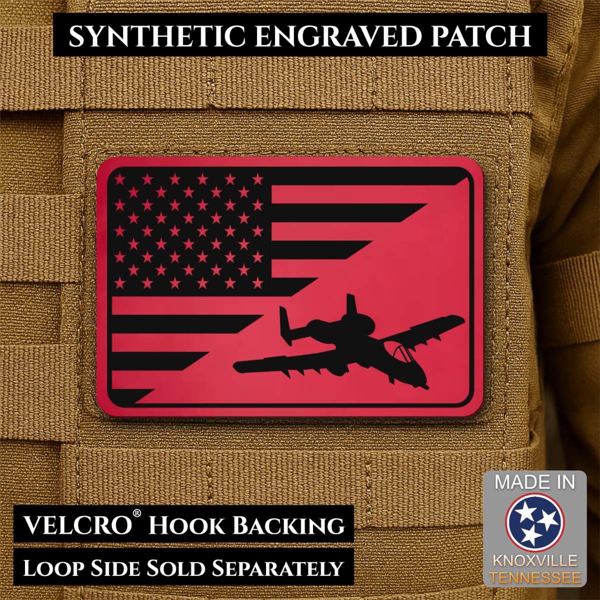 A-10 Warthog American Flag Morale Patch, 2x3" | Made in USA | VELCRO® Brand Hook Backing