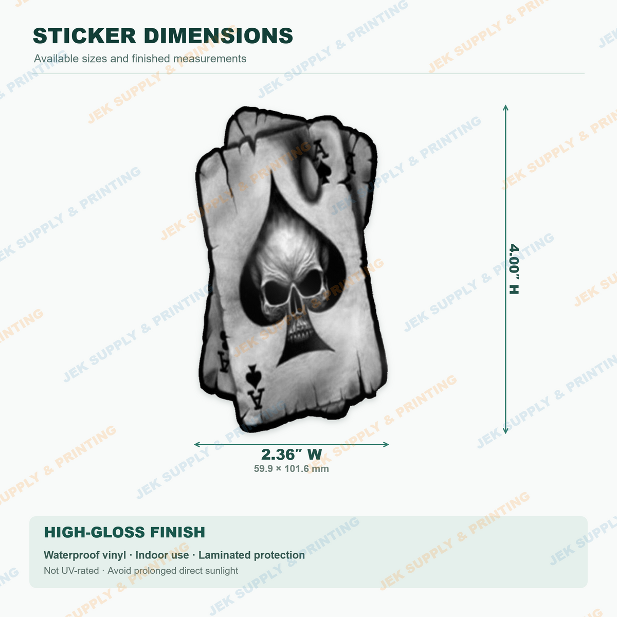 Ace of Spades Skull vinyl decal, 4 inch height dimension guide