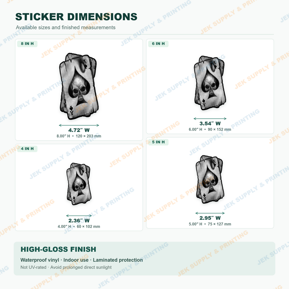 Ace of Spades Skull sticker size comparison, 4, 5, 6, 8 inch height options
