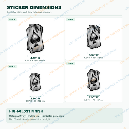 Ace of Spades Skull sticker size comparison, 4, 5, 6, 8 inch height options
