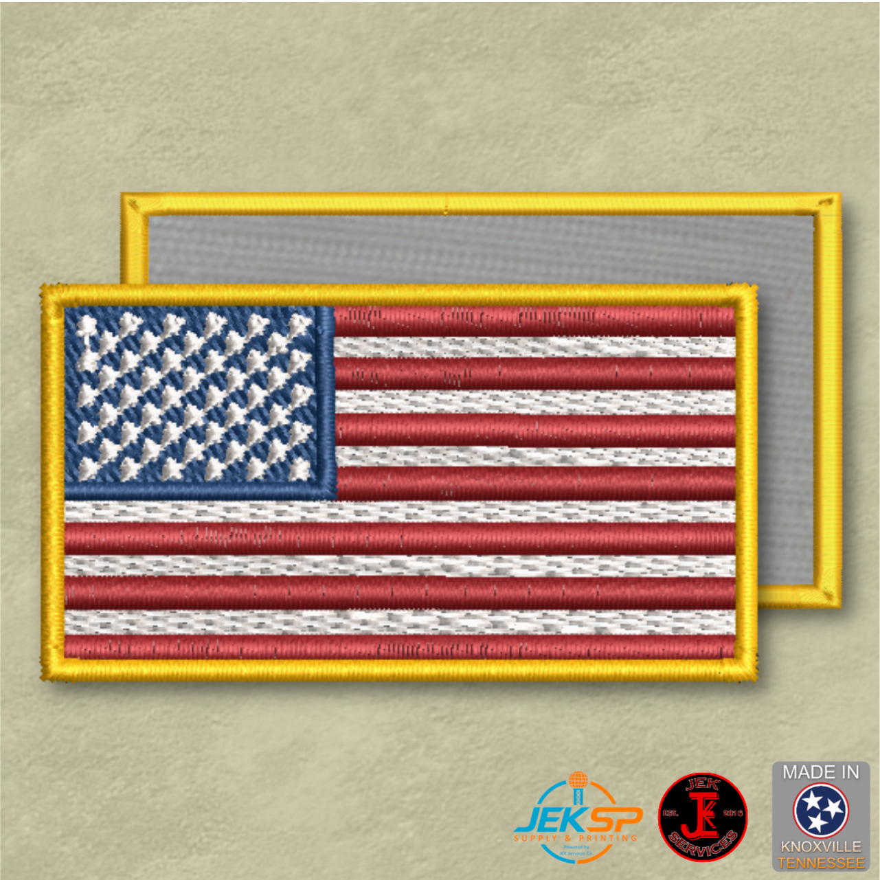 American flag patch with yellow border on a beige background