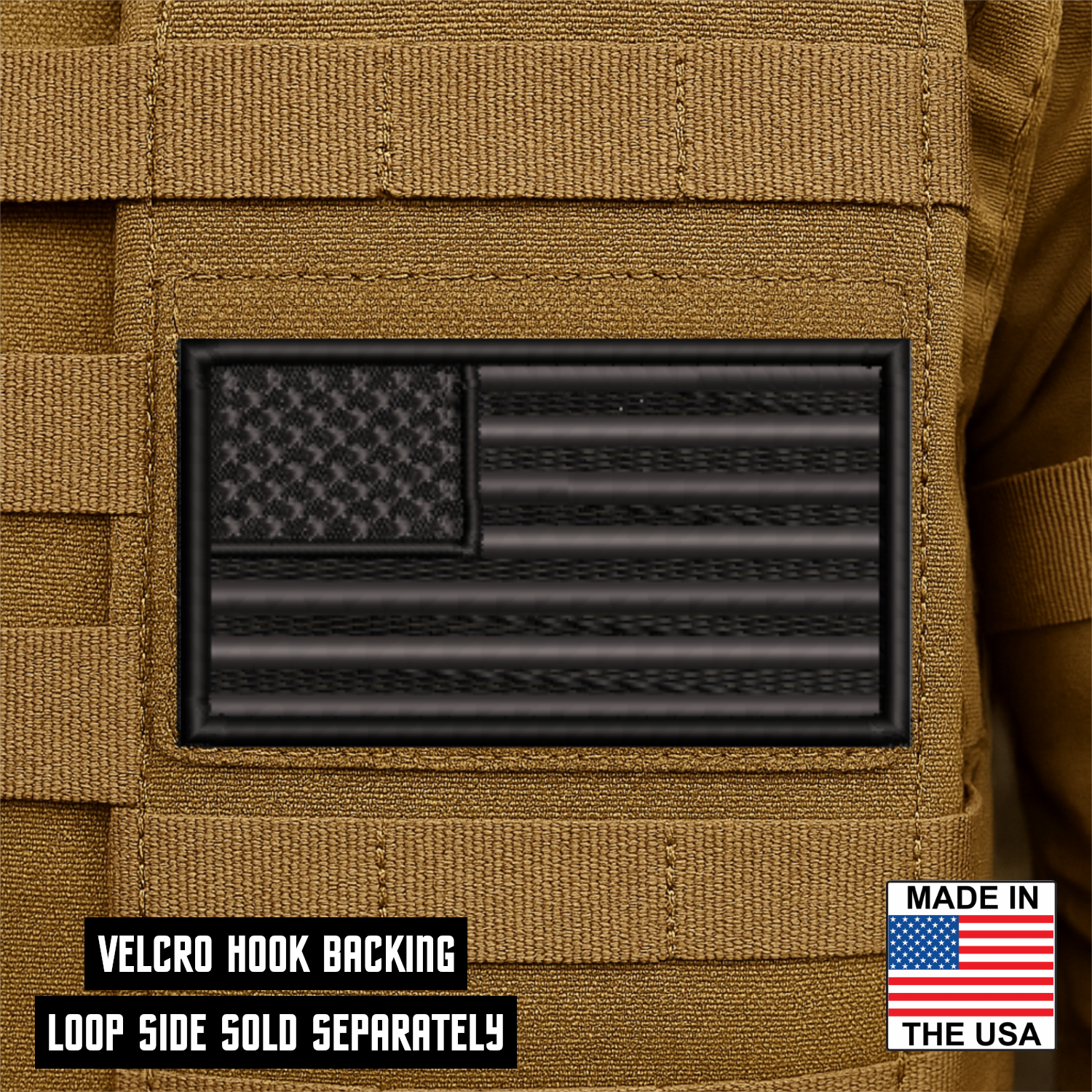 Blackout American Flag embroidered No Quarter Given tactical morale patch with hook backing attached to tactical vest
