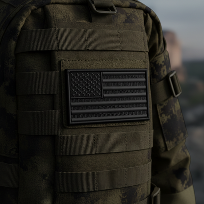 Camouflage backpack with tactical blackout American flag patch.