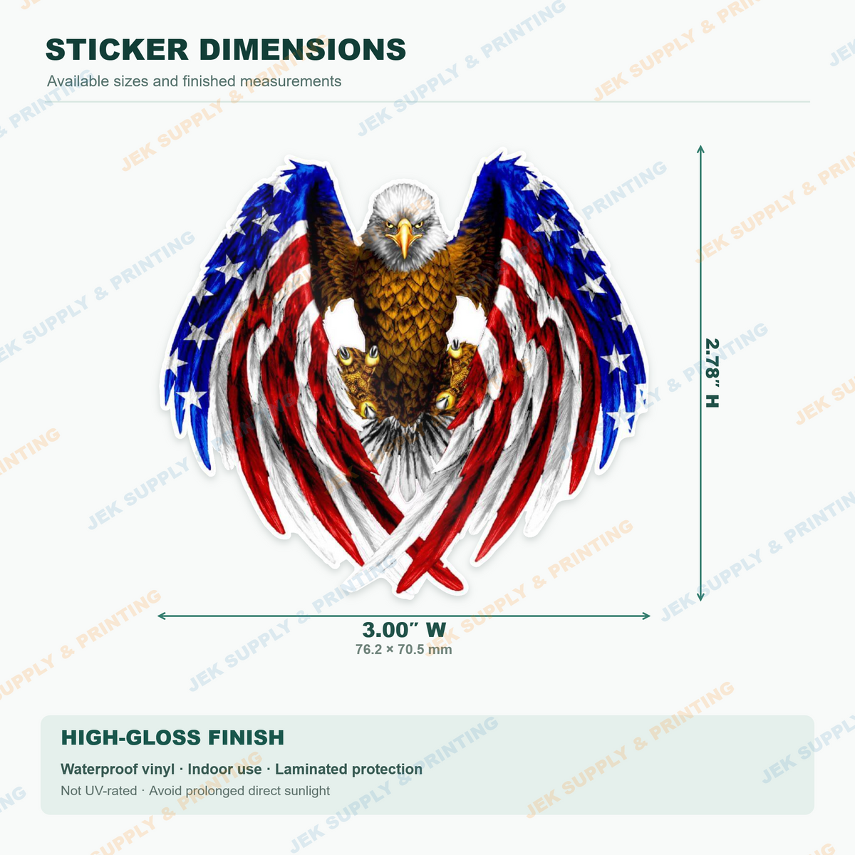 American Flag Bald Eagle vinyl decal, 3 inch width dimension guide