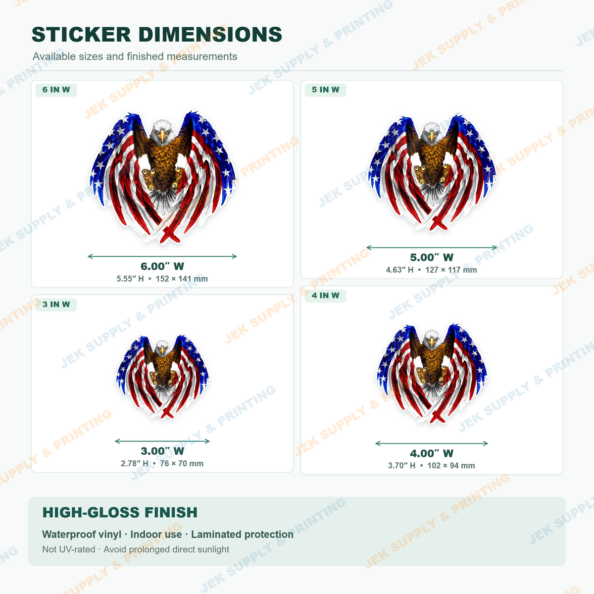 American Flag Bald Eagle sticker size comparison, 3, 4, 5, 6 inch width options
