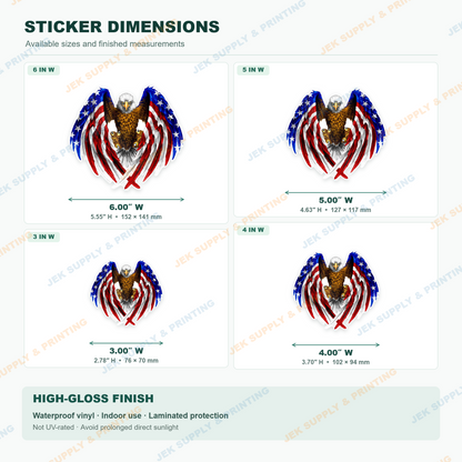 American Flag Bald Eagle sticker size comparison, 3, 4, 5, 6 inch width options