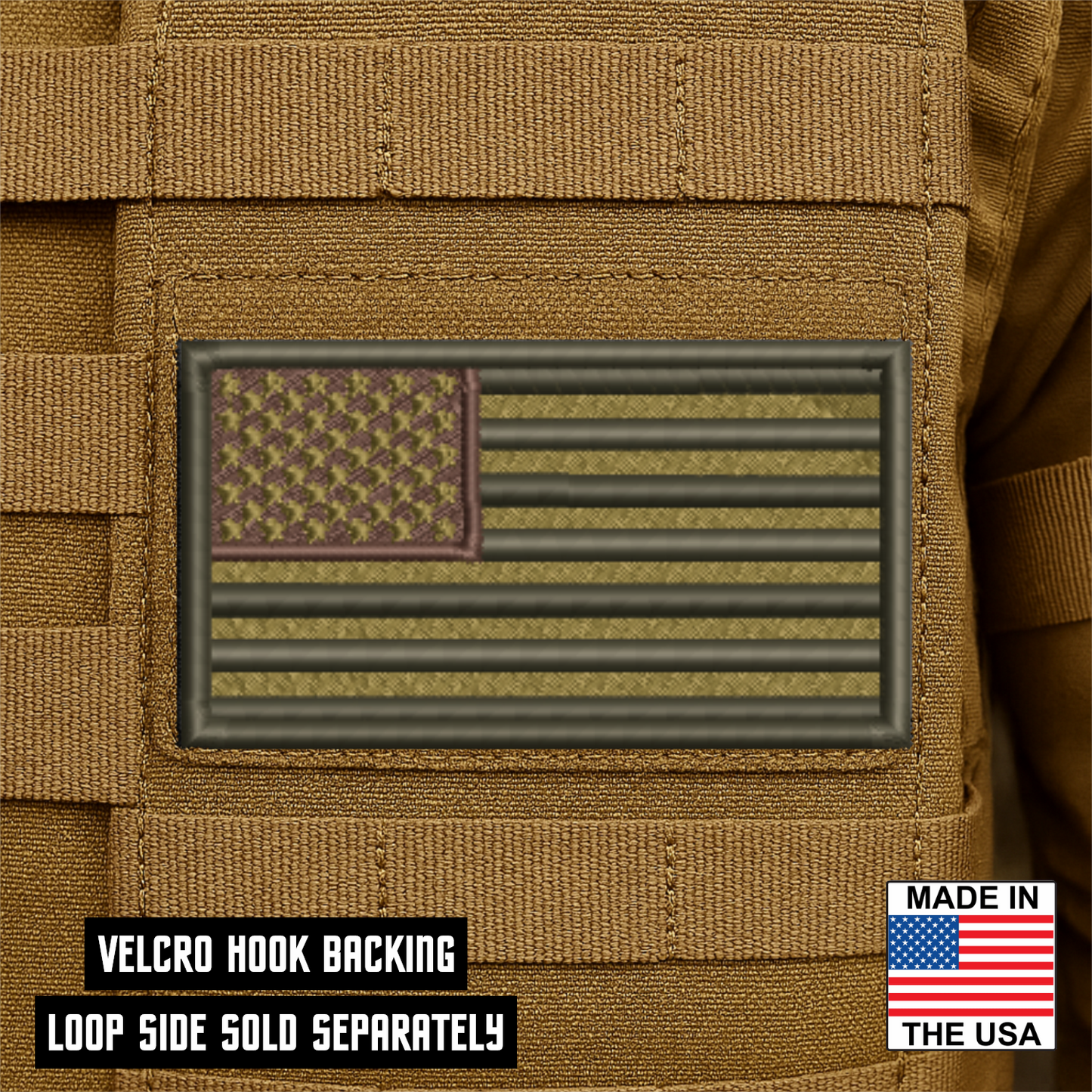 Subdued FDE American Flag embroidered tactical morale patch with hook backing attached to tactical vest