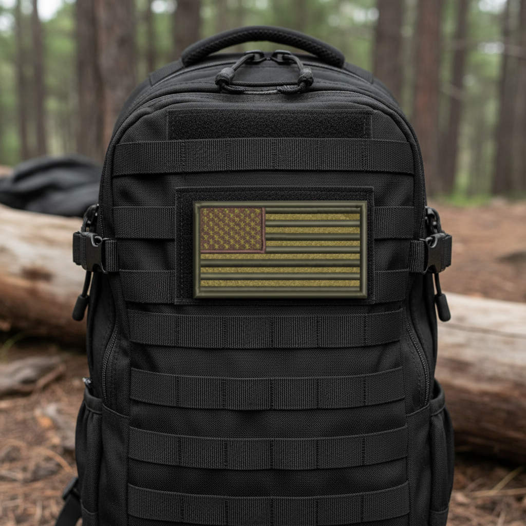 Black tactical backpack with American flag patch in a forest setting