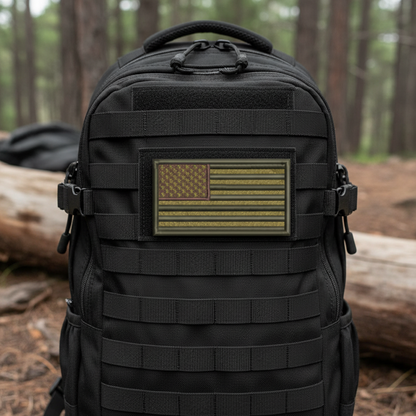 Black tactical backpack with American flag patch in a forest setting