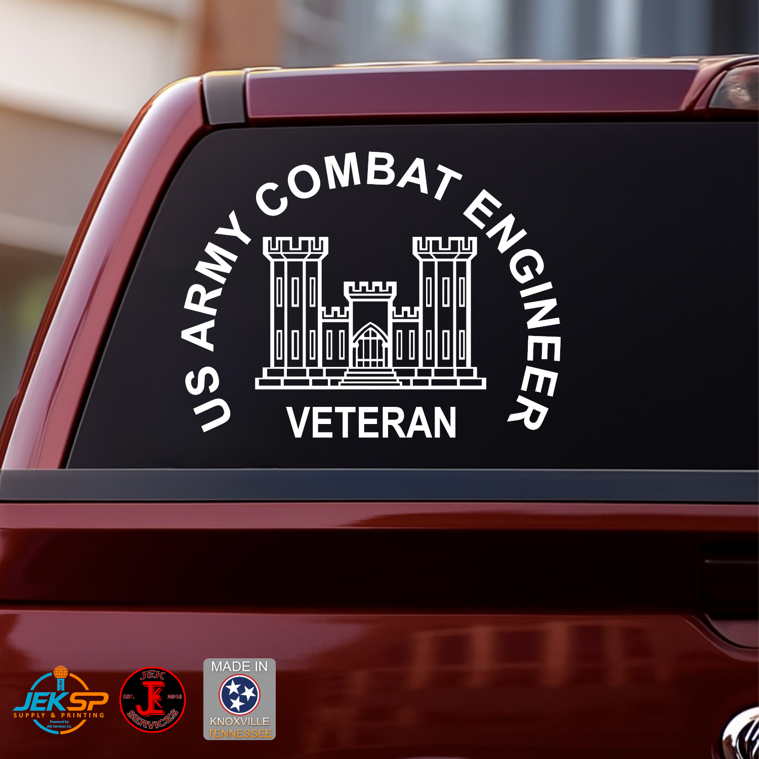 Car window with a decal reading 'US Army Combat Engineer Veteran' on a blurred background